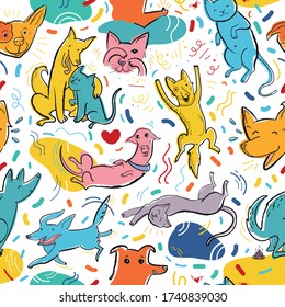 Seamless pattern with cute color dogs and cats. Creative childish texture. Great for fabric, textile, web. Pop art vector Illustration of characters in different poses and emotions.