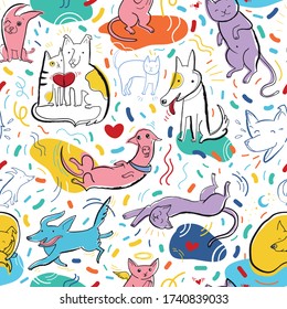 Seamless pattern with cute color dogs and cats. Creative childish texture. Pop art vector Illustration of characters in different poses and emotions. Design for fabric, poster, card, invitation, web.