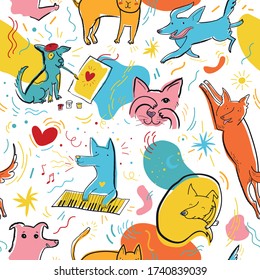 Seamless pattern with cute color dogs and cats. Creative childish texture with hand drawn, doodle elements. Pop art vector Illustration of characters in different poses and emotions. 