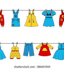 Seamless pattern of cute color dresses for the little girl on the clothes line. Collection of colorful clothing in a linear style for the child.  Vector illustration set for your design