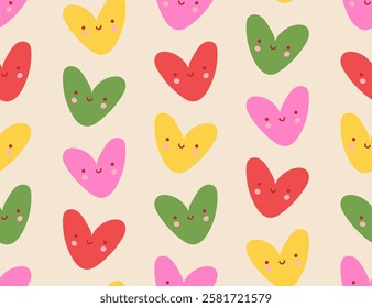 Seamless pattern with cute color hearts. Hand Drawn happy hearts. Vector illustration for sticker, patch, phone case, poster, t-shirt, mug and other design.