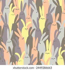 Seamless pattern with cute color rabbits. Hand drawn cartoon flat style hare background. Happy Easter print. Cute spring card flock of bunny. Chinese New Year symbol. Vector simple Illustration