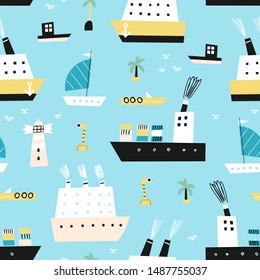 Seamless pattern with cute color ships. Summer bright background for fabric design. Scandinavian style.