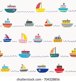 Seamless pattern with cute color ships