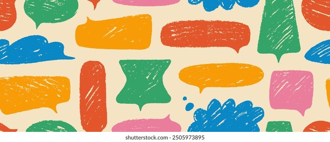  Seamless pattern with cute colored crayon speech bubbles in kid's style. Hand drawn doodle speech bubbles, comic talk balloons with cute texture. Childish vector seamless pattern with text clouds.