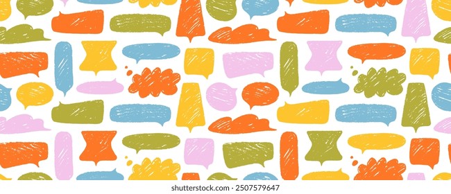 Patrón sin fisuras con lindas burbujas de discurso de crayón de colores en estilo infantil. Dibujado a mano doodle burbujas de discurso, globos de conversación cómica con textura linda. Patrón sin fisuras de Vector infantil con nubes de texto.