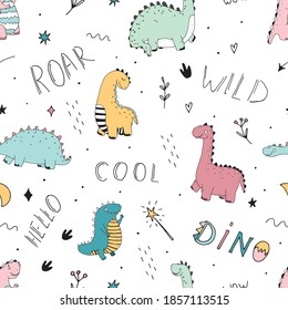 seamless pattern with cute colored dinosaurs and lettering, childrens illustration, design, print