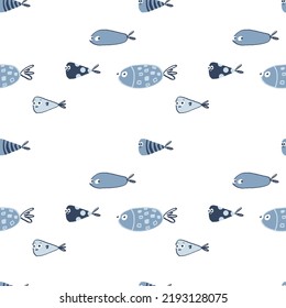 Seamless pattern with cute colored hand drawn fishes. Nice funny doodle water animals with big eyes and small fins. Vector illustration.