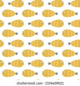 Seamless pattern with cute colored hand drawn fish. Nice funny doodle water animals with big eyes and small fins. Vector illustration.