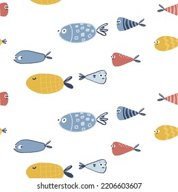 Seamless pattern with cute colored hand drawn fish. Nice funny doodle water animals with big eyes and small fins. Vector illustration.