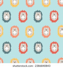 Seamless pattern with cute colored hedgehogs. Children's pattern for clothes. Cute animal print. Vector illustration