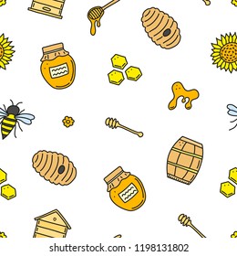 Seamless pattern with cute colored honey doodles.