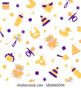 Seamless pattern of cute colored items for newborn babies. Vector illustration in hand drawn style for wrapping paper, bedding, clothing print, wallpaper for kids. Isolated on white background