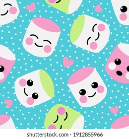 Seamless pattern with cute colored marshmallows on blue. Children's illustration for printing on fabric, textiles, paper, bedding.  Vector graphics.