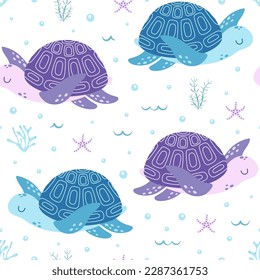 seamless pattern with cute colored ocean turtles, flat vector illustration of sea animals, plants, seaweeds and corals