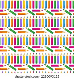 Nahtloses Muster mit süßen, farbigen Bleistiften. Vektorgrafik in minimalistischem Flachstil, handgezeichnet. Drucken für Kinder