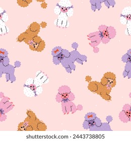 Seamless pattern with cute colored poodle dogs. Vector graphics.