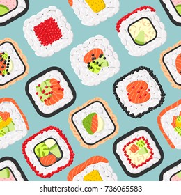 Seamless pattern of cute colored sushi rolls. Vector collection of different flavours and kinds