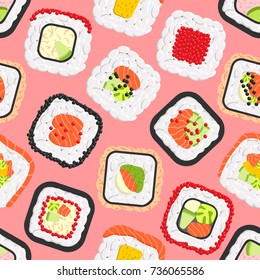 Seamless pattern of cute colored sushi rolls. Vector collection of different flavours and kinds