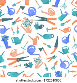 Seamless pattern of cute colored watering cans, rakes, shovels, scissors, pruners, flowers, rubber boots, gardening gloves. Pattern of garden tools on a white background. Vector illustration 
