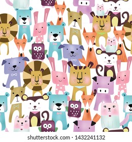 Seamless pattern cute colorful  animal cartoon,illustration vector doodle comic art for any card.