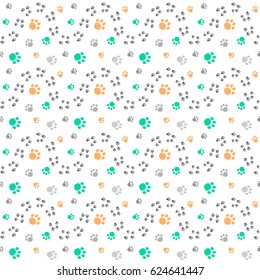 Seamless pattern with cute colorful animal paw prints. Vector animal imprints seamless pattern isolated on white background.