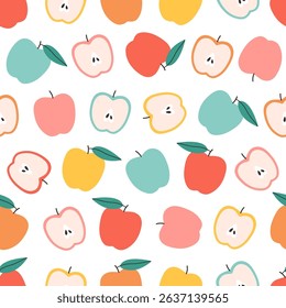 Seamless pattern with cute colorful apples. Design for banner, wallpaper, textile, wrapping paper, background, cards. Vector illustration in flat style