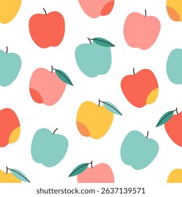 Seamless pattern with cute colorful apples. Design for banner, wallpaper, textile, wrapping paper, background, cards. Vector illustration in flat style