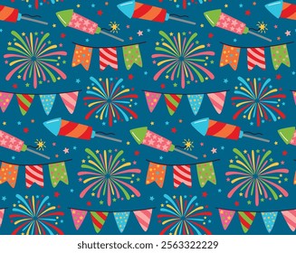 Seamless pattern with cute colorful banners, burst of fireworks and sparklers. Festive background in flat style	