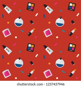 Seamless pattern with cute colorful beauty elements, makeup, cosmetics, perfume, nail polish, eyeshadow, lipstick, mascara, brush, powder, foundation, brows and mirror for background and wallpaper.