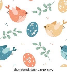 Seamless pattern with cute colorful birds, eggs, twigs and easter holiday elements. Spring theme hand drawn texture. Vintage vector background for your design card, print, poster, fabric, banner, web.