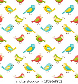 Seamless pattern with cute, colorful birds. Colored flat vector elements. Children's pattern for textiles and packaging. The objects are isolated. Transparent background