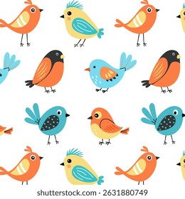 Seamless pattern with cute colorful birds in flat cartoon style on white background. Perfect for childrens designs, textiles, wrapping paper, wallpaper, and playful decorative projects.