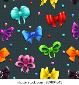 Seamless pattern with cute colorful bows on dark background with polka dots