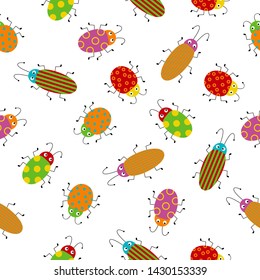 Seamless pattern with cute colorful bugs. Bright vector drawing of small beetles. Cartoon illustration