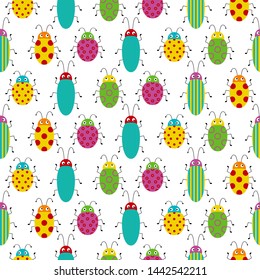 Seamless pattern with cute colorful bugs. Bright vector drawing of small beetles.