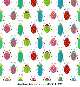 Seamless pattern with cute colorful bugs. Bright vector drawing of small beetles.
