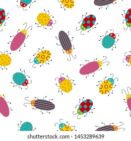 Seamless pattern with cute colorful bugs. Bright vector drawing of small beetles.