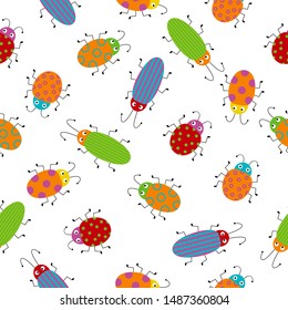Seamless pattern with cute colorful bugs. Bright vector drawing of small beetles. Cartoon illustration