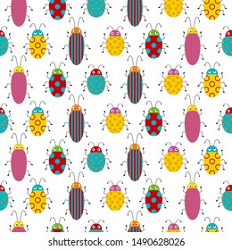 Seamless pattern with cute colorful bugs. Bright vector drawing of small beetles. Cartoon illustration