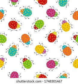 Seamless pattern with cute colorful bugs. Bright vector drawing of small beetles for children.