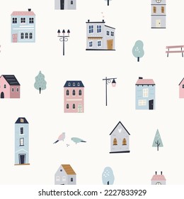 Seamless pattern with cute and colorful buildings, houses.