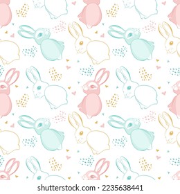 Seamless pattern with cute colorful bunnies and hearts. Hand drawn vector design elements for Easter or Chinese New Year 2023.
