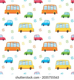 Seamless pattern with cute colorful buses and cars on a white background. Vector illustration in minimalistic flat style, auto. Children s print for baby textiles, print design, postcards.