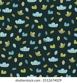 Seamless pattern with cute colorful bushes and grasses in flat style. Children's background with natural elements. Cartoon texture for fabric, wallpaper, clothes.