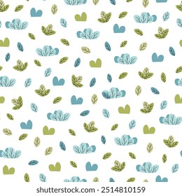 Seamless pattern with cute colorful bushes and grasses in flat style. Children's background with natural elements. Cartoon texture for fabric, wallpaper, clothes.