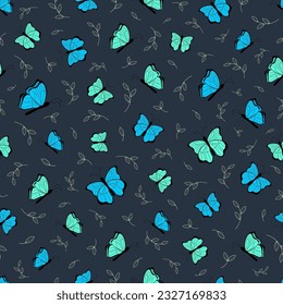 Seamless pattern with cute colorful butterflies and leaves on dark background. Flat vector nature illustration.