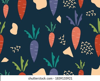 Patrón sin foco con zanahorias y hojas adorables y coloridas, frutas abstractas. Barras de fondo vectorial para tela, impresiones, textil, papel envolvente, cumpleaños y más. Ilustración vegetal saludable