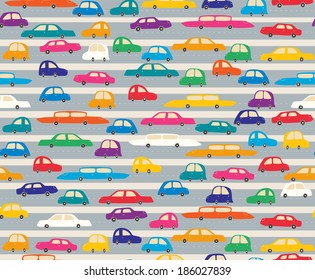 The seamless pattern with cute colorful cars on a road.