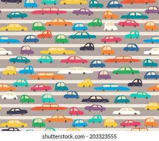 The seamless pattern with cute colorful cars on a road.